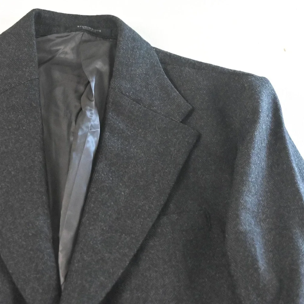 Studiosuits 46L Herringbone Naples 100% Wool Tweed Blazer Suit Jacket Sport Coat